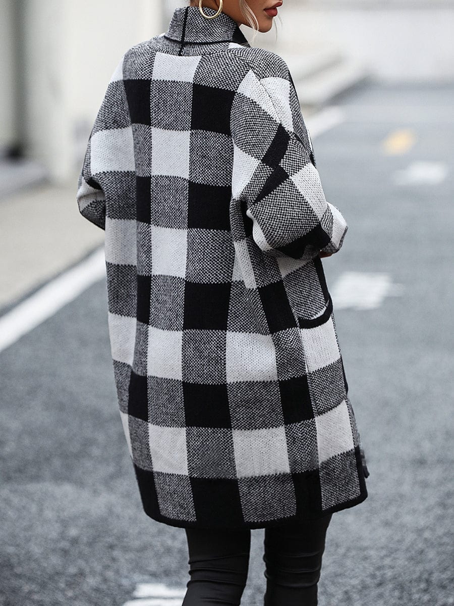 MsDressly Coats Loose Check Colorblock Knit Fashion Coat