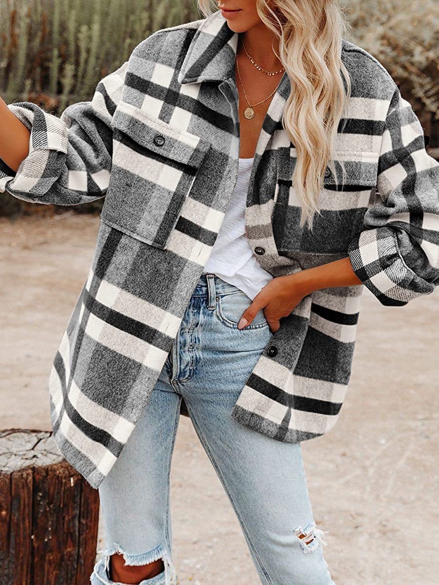 MsDressly Coats Loose Plaid Flannel Wool Lapel Coat COA2306300019BLAS