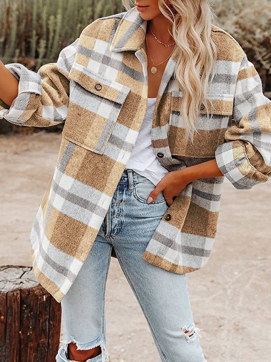 MsDressly Coats Loose Plaid Flannel Wool Lapel Coat COA2306300019KHAS