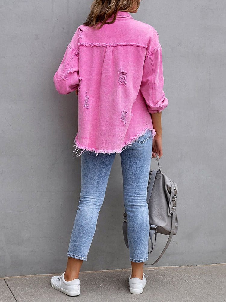 MsDressly Coats Medium Long Tattered Loose Denim Coat