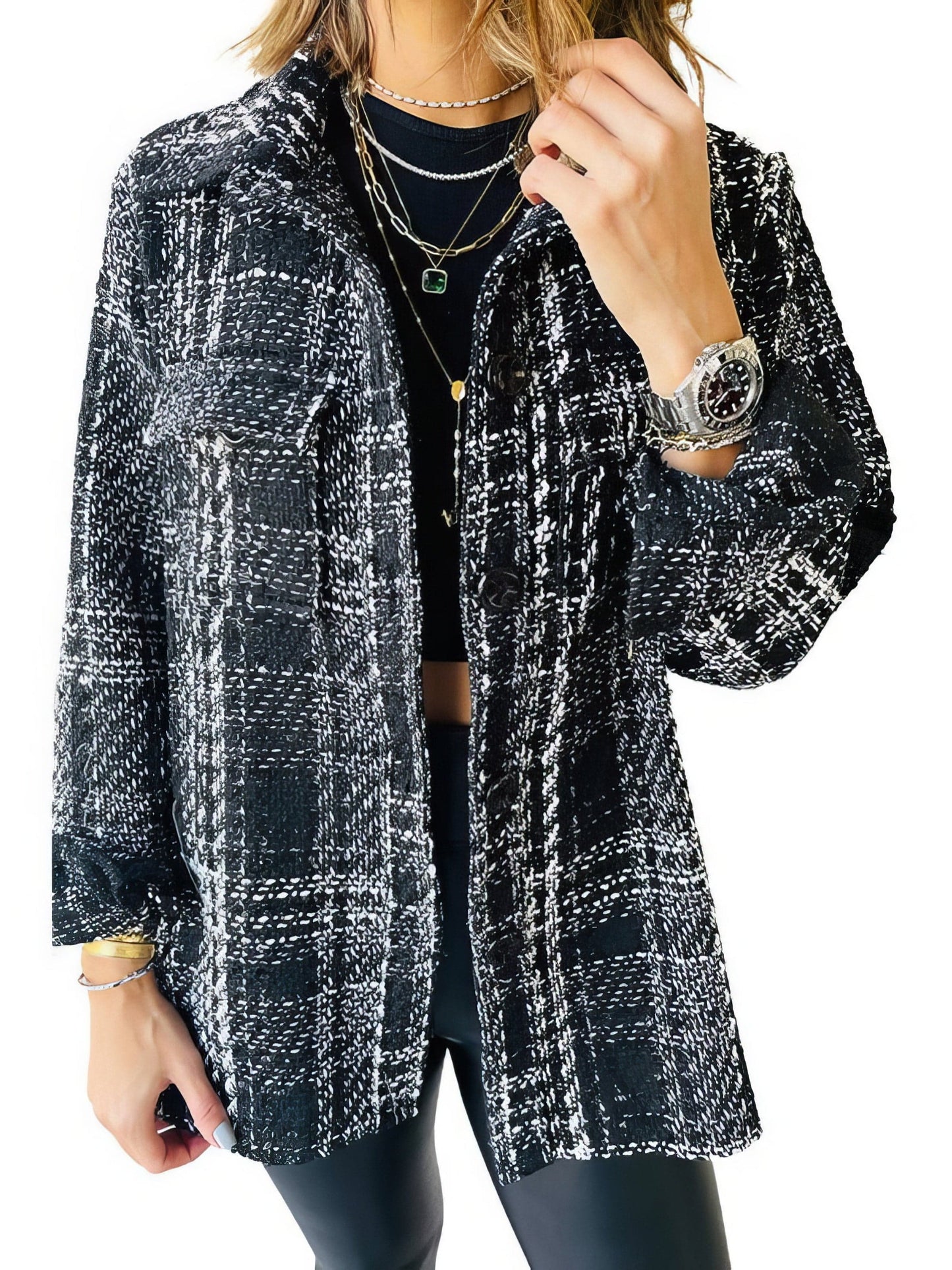 MsDressly Coats Plaid Lapel Loose Button Long Sleeves Coat COA2212161478BLAS