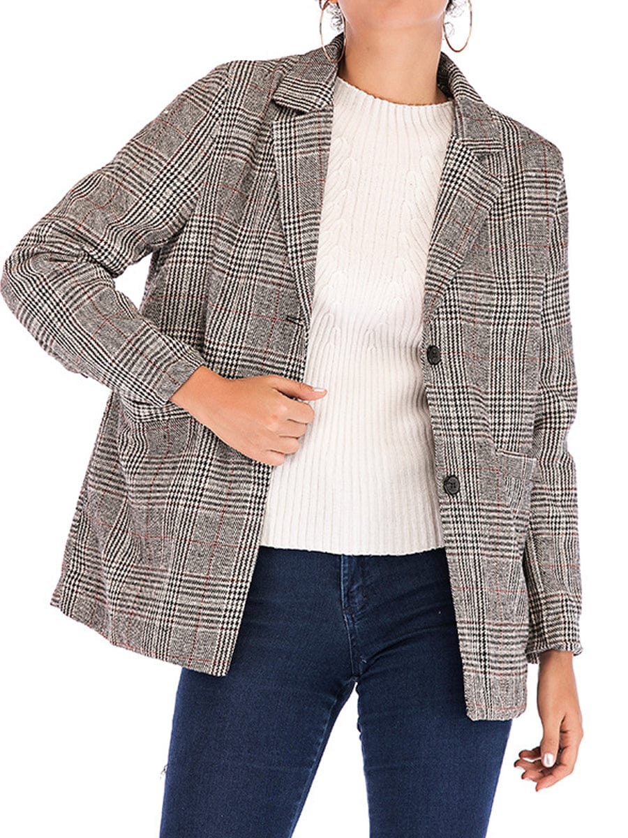 MsDressly Coats Plaid Notched Lapel One Button Houndstooth Coat COA2307190024GRYS