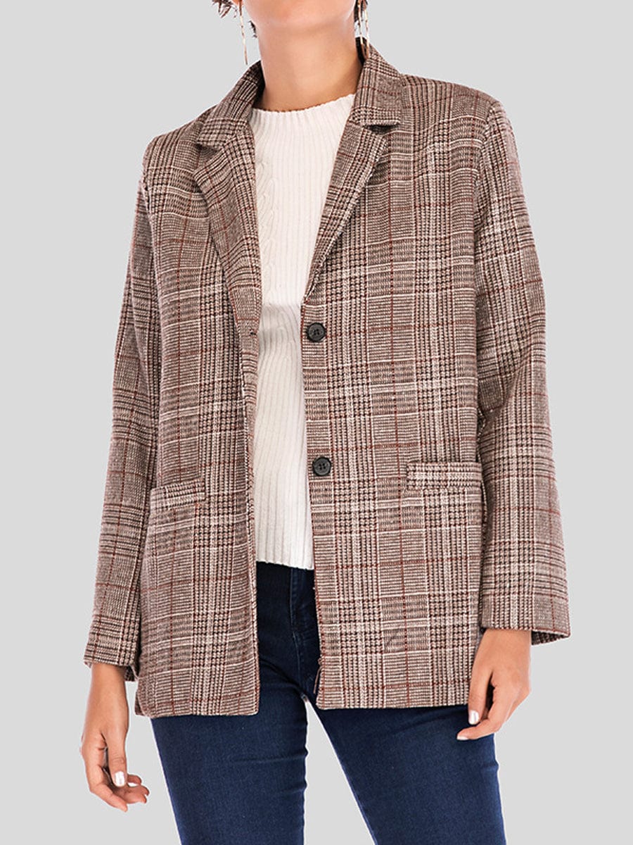 MsDressly Coats Plaid Notched Lapel One Button Houndstooth Coat COA2307190024SBRS