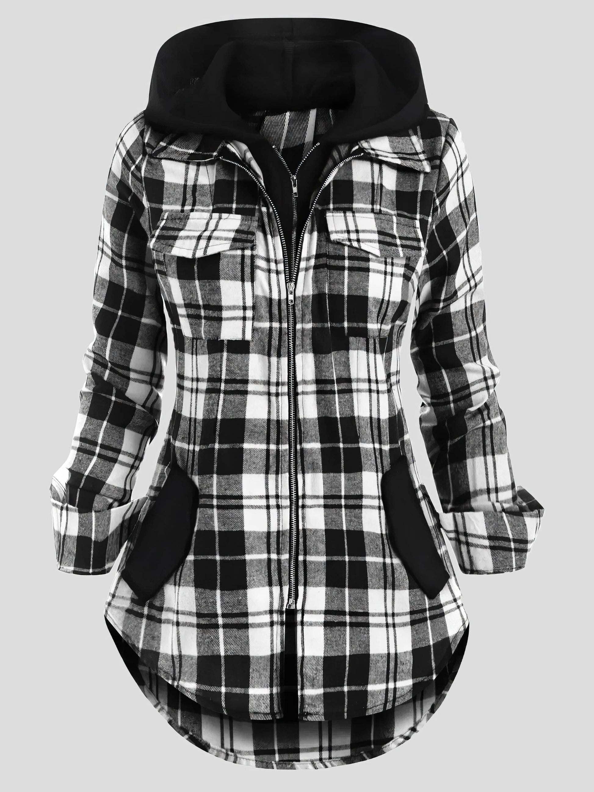 MsDressly Coats Plaid Pocket Zipper Long Sleeve Hooded Coats COA2112131355BLAS