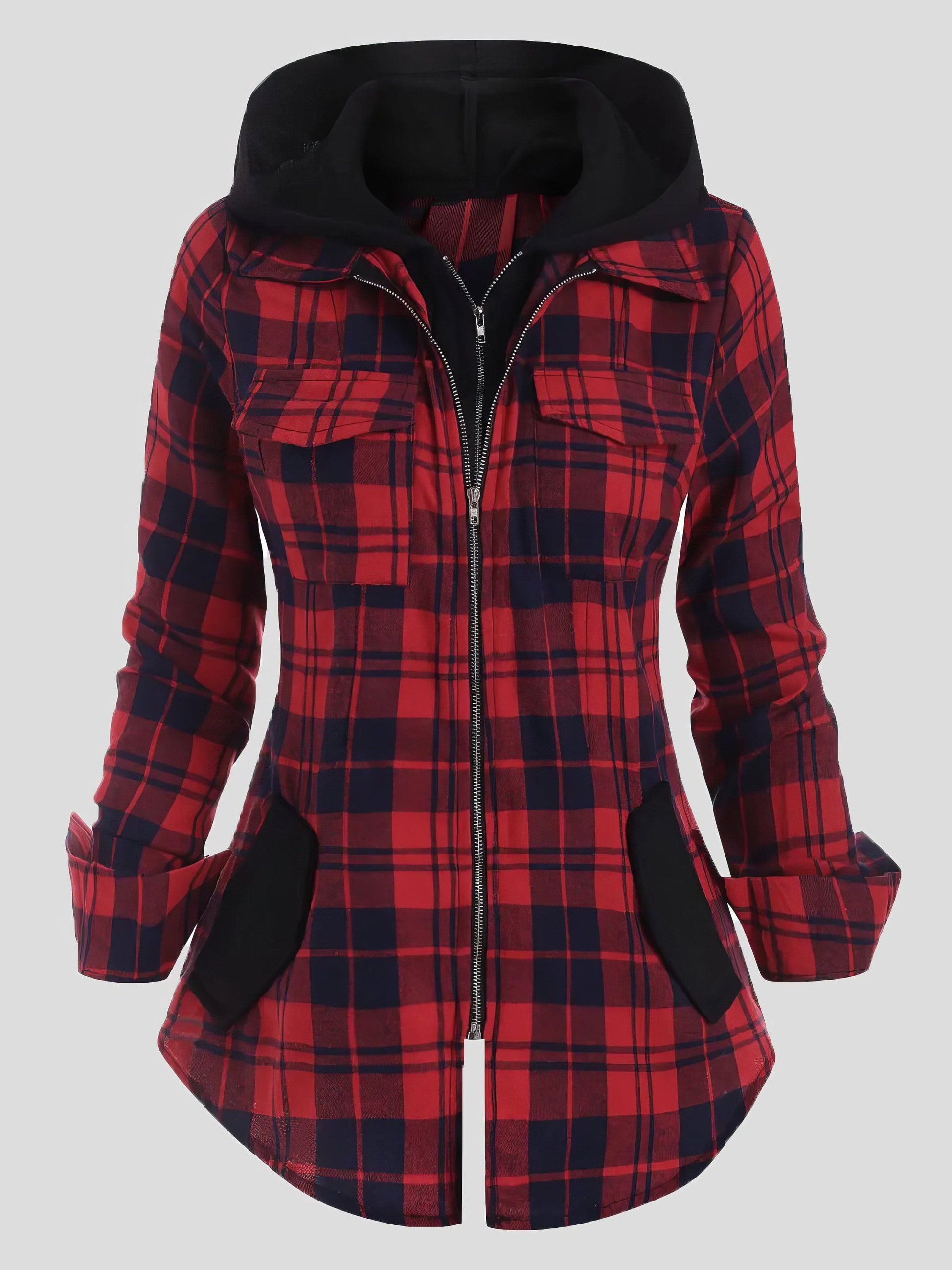 MsDressly Coats Plaid Pocket Zipper Long Sleeve Hooded Coats COA2112131355REDS