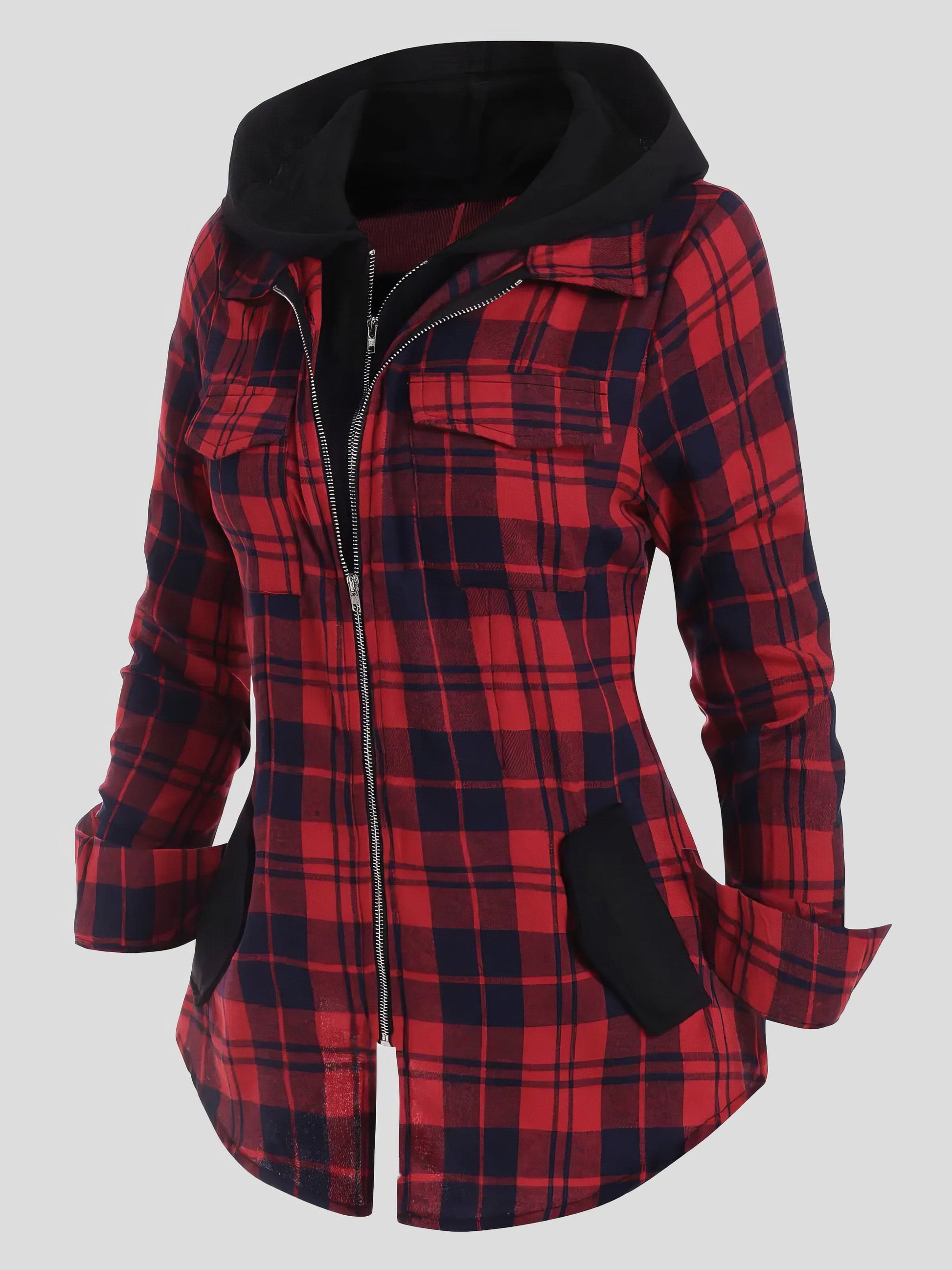 MsDressly Coats Plaid Pocket Zipper Long Sleeve Hooded Coats