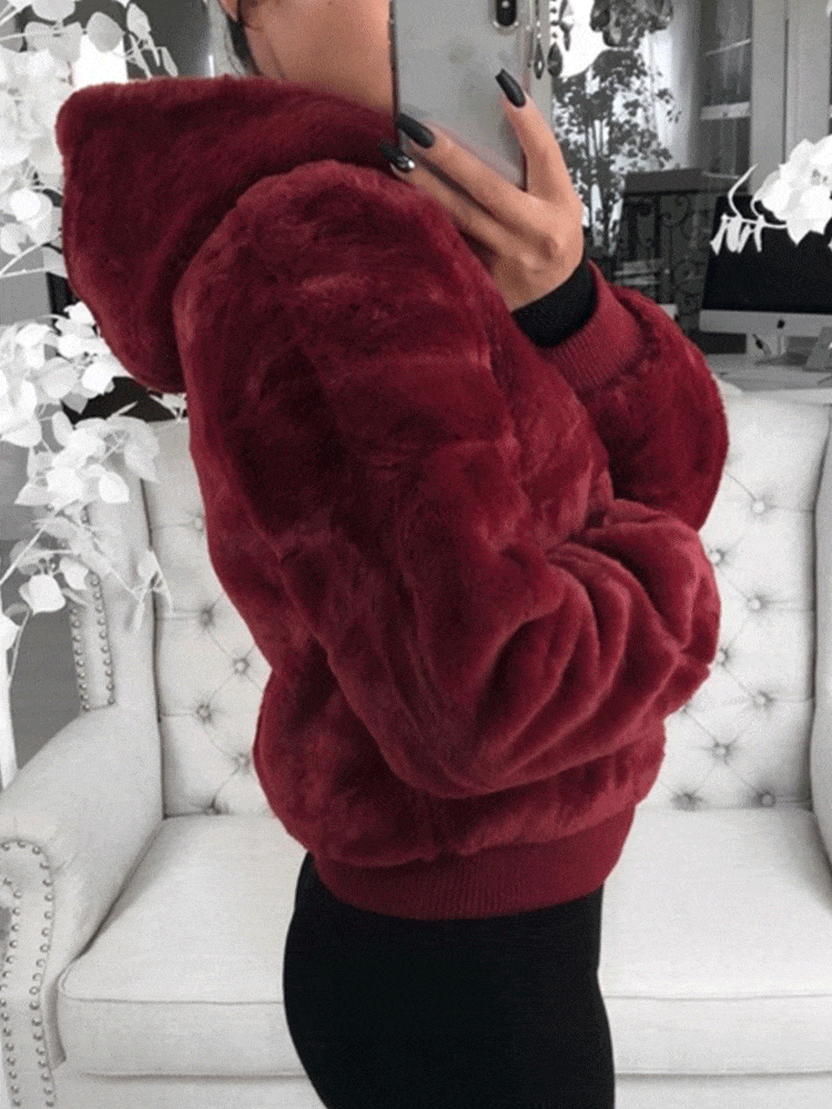 MsDressly Coats Plush Hooded Pocket Zipper Coat