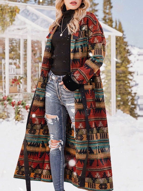 MsDressly Coats Reversible Printed Lapel Long Coat COA2209191427MULS