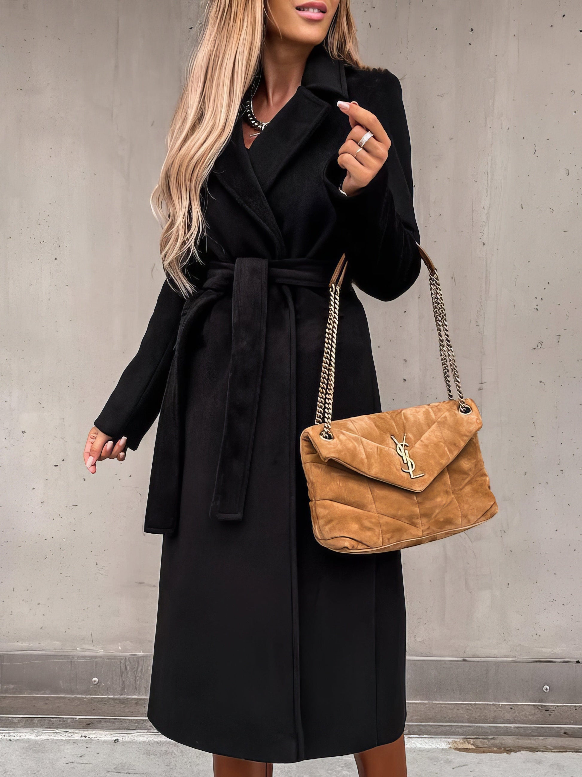 MsDressly Coats Simple Lapel Belted Long Sleeve Woolen Coat COA2112091351BLAS