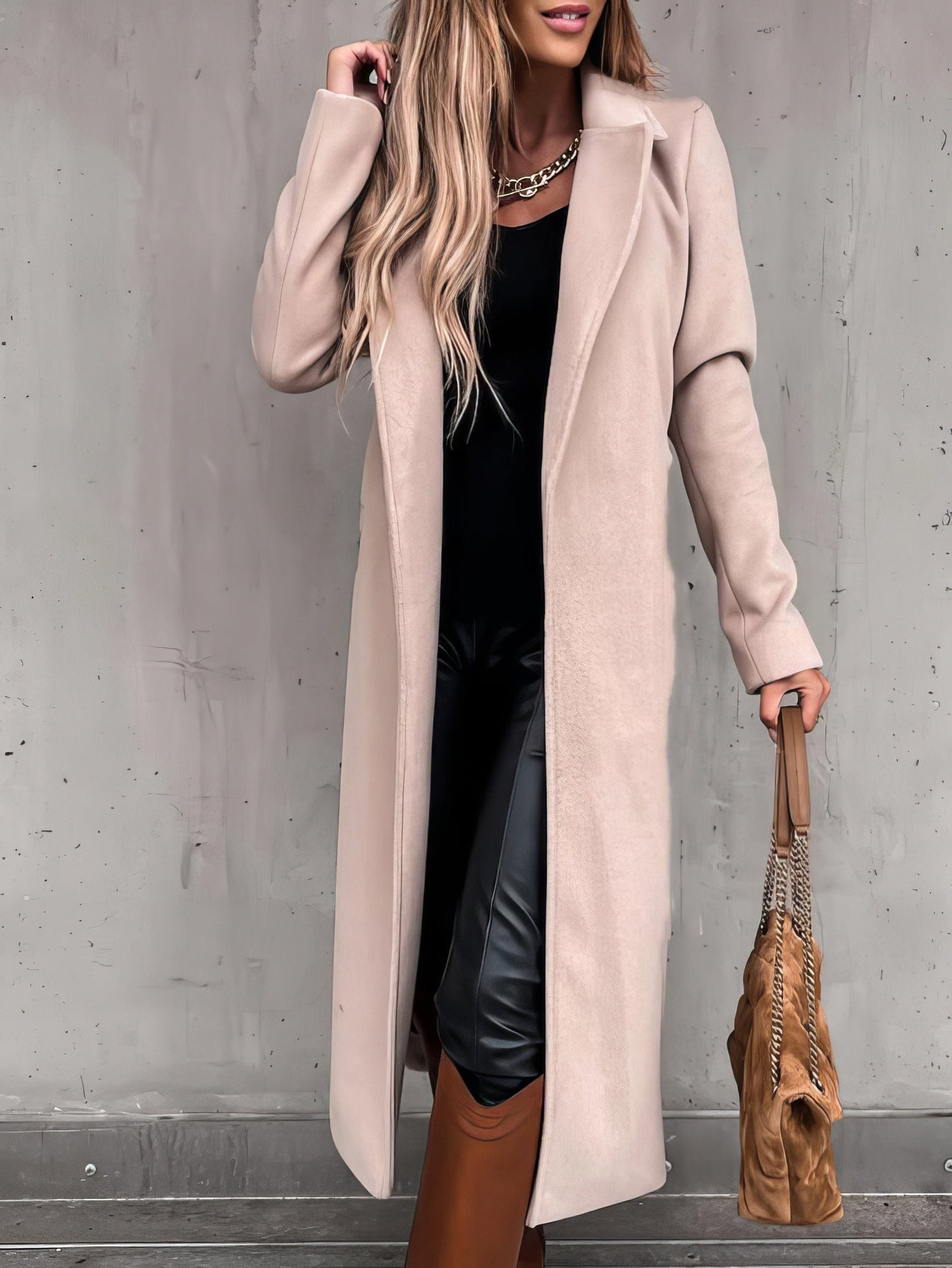 MsDressly Coats Simple Lapel Belted Long Sleeve Woolen Coat