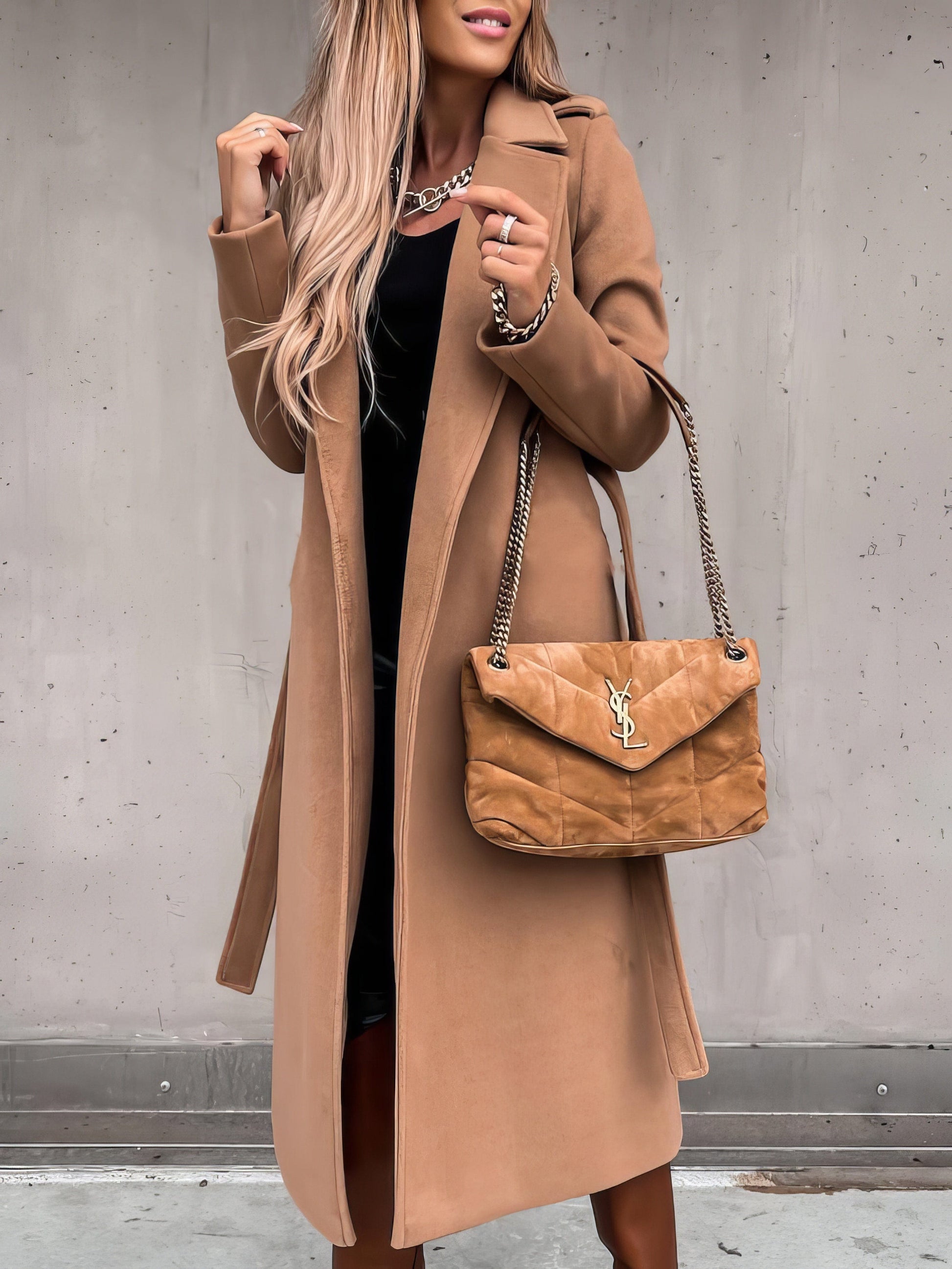 MsDressly Coats Simple Lapel Belted Long Sleeve Woolen Coat