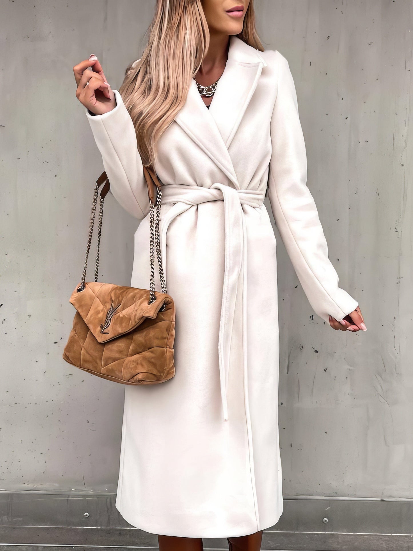 MsDressly Coats Simple Lapel Belted Long Sleeve Woolen Coat