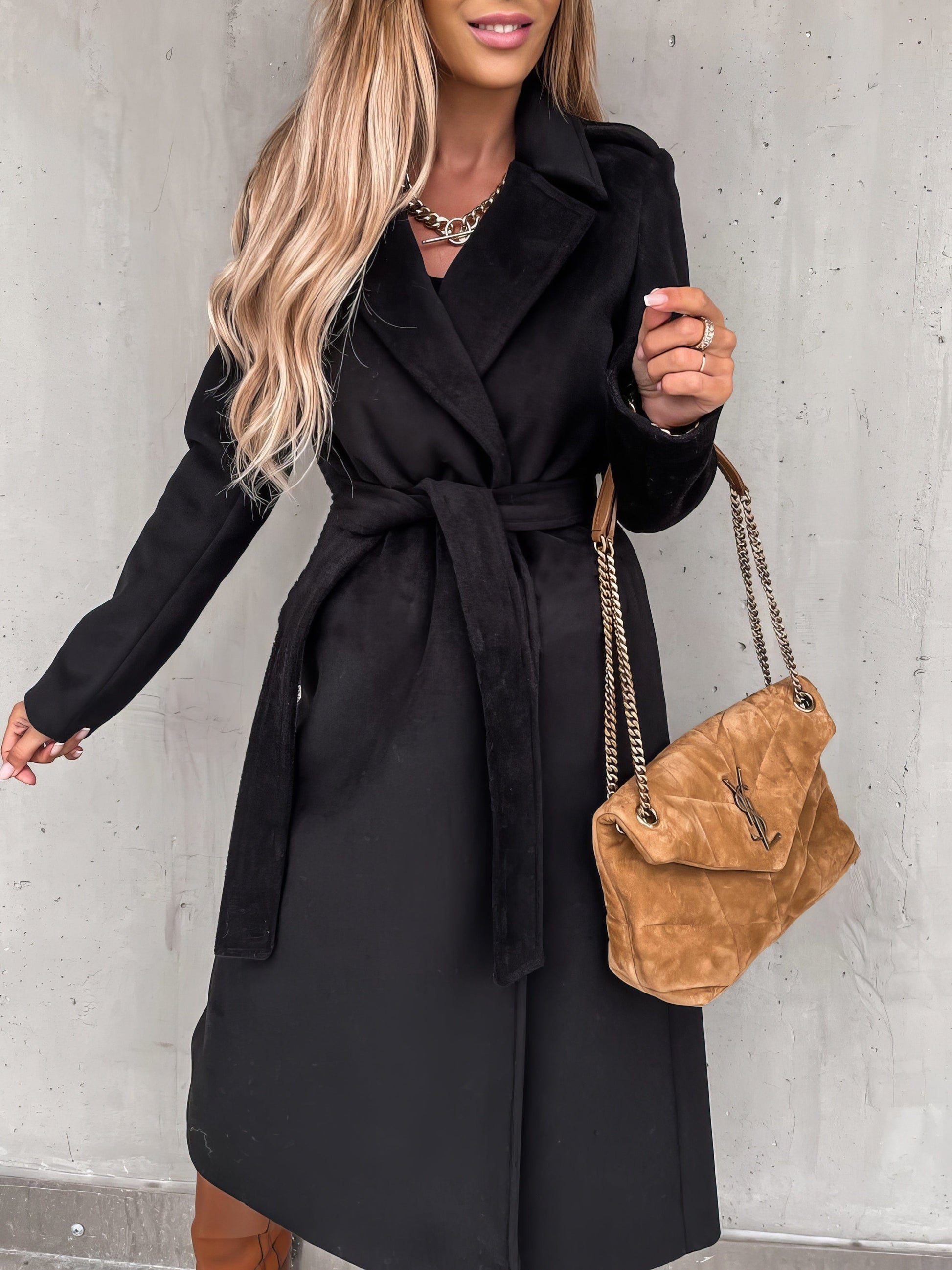 MsDressly Coats Simple Lapel Belted Long Sleeve Woolen Coat