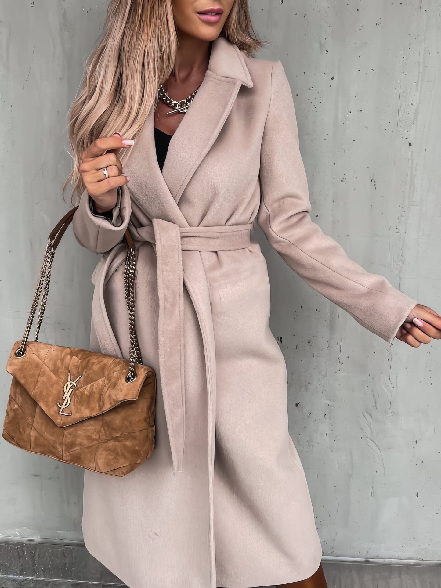 MsDressly Coats Simple Lapel Belted Long Sleeve Woolen Coat