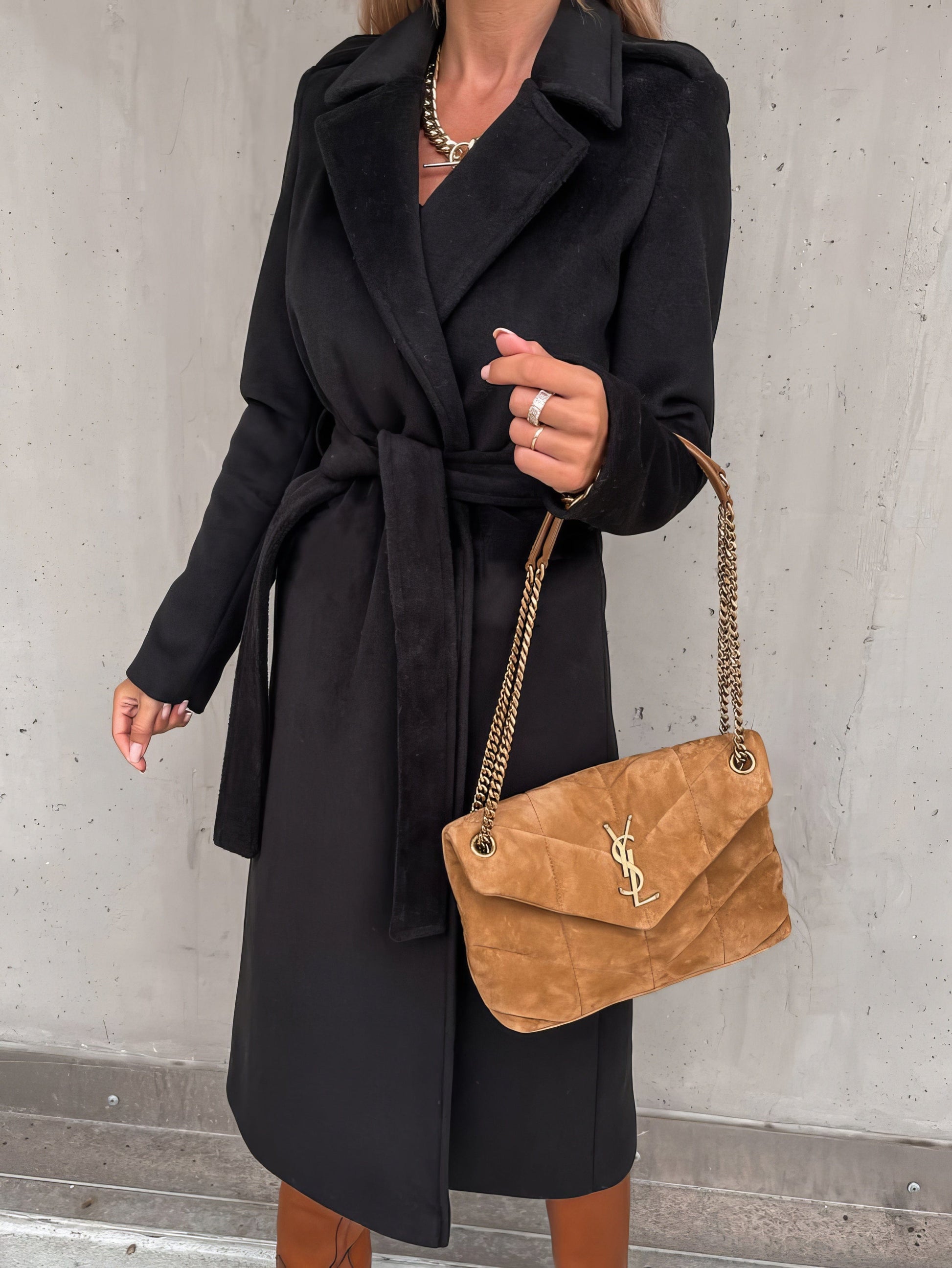 MsDressly Coats Simple Lapel Belted Long Sleeve Woolen Coat