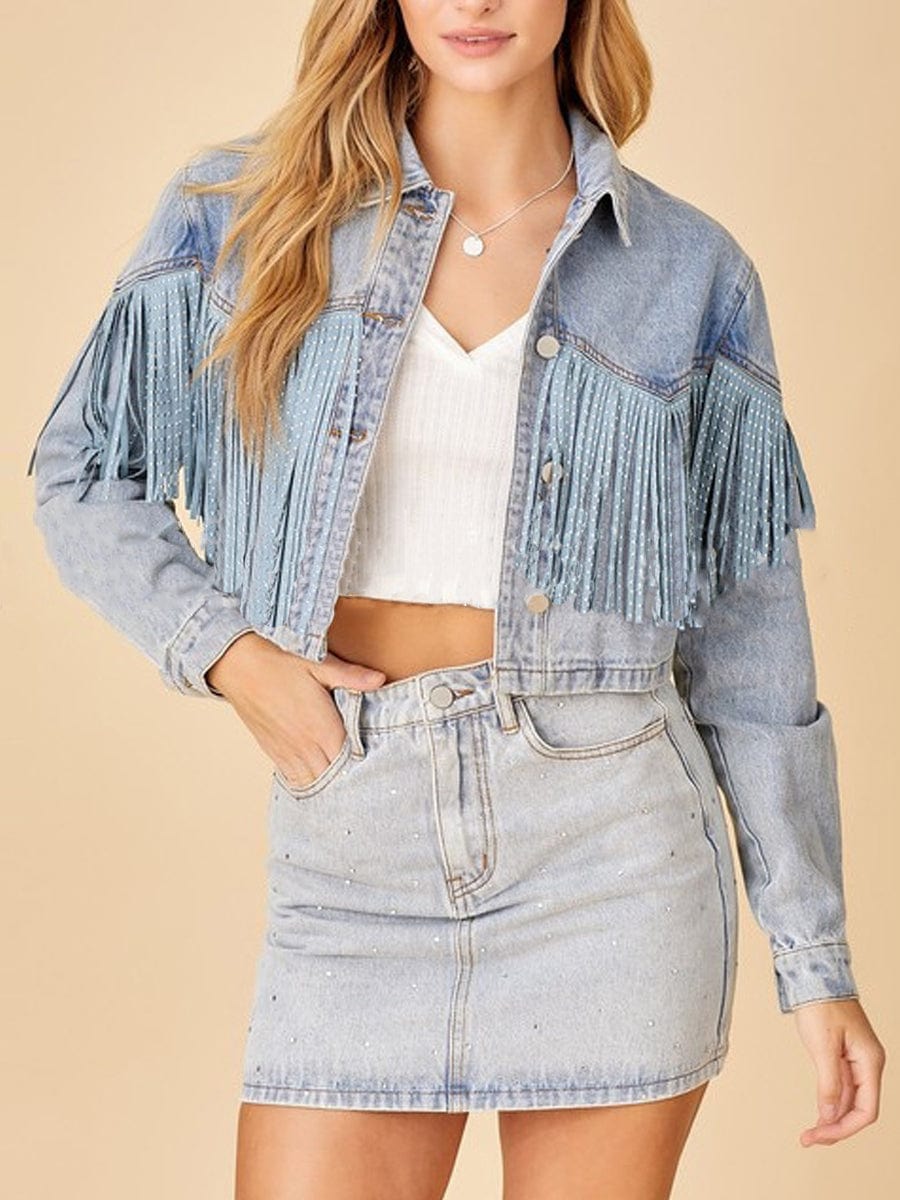 MsDressly Coats Stylish Lapel Fringed Cropped Denim Coat COA2306250016BLUS