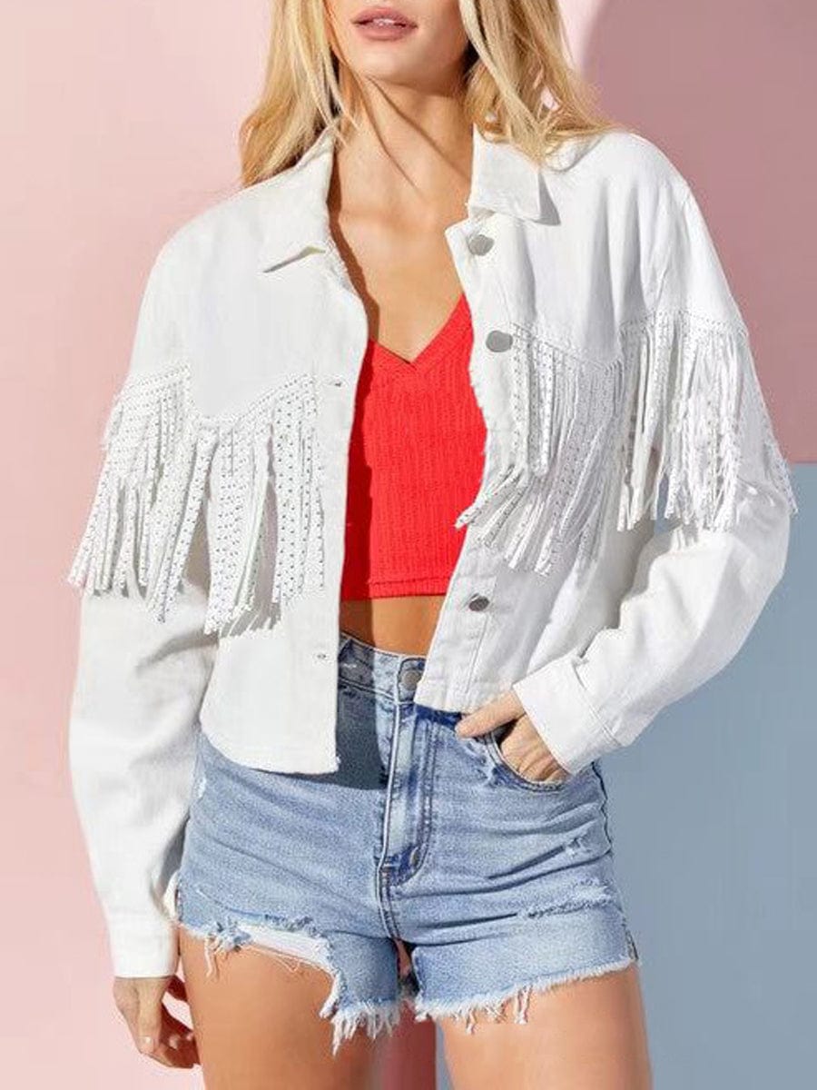 MsDressly Coats Stylish Lapel Fringed Cropped Denim Coat COA2306250016WHIS