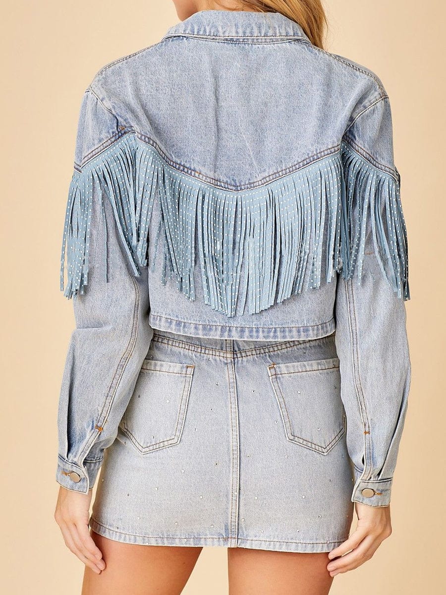 MsDressly Coats Stylish Lapel Fringed Cropped Denim Coat