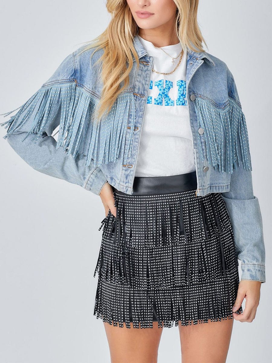 MsDressly Coats Stylish Lapel Fringed Cropped Denim Coat