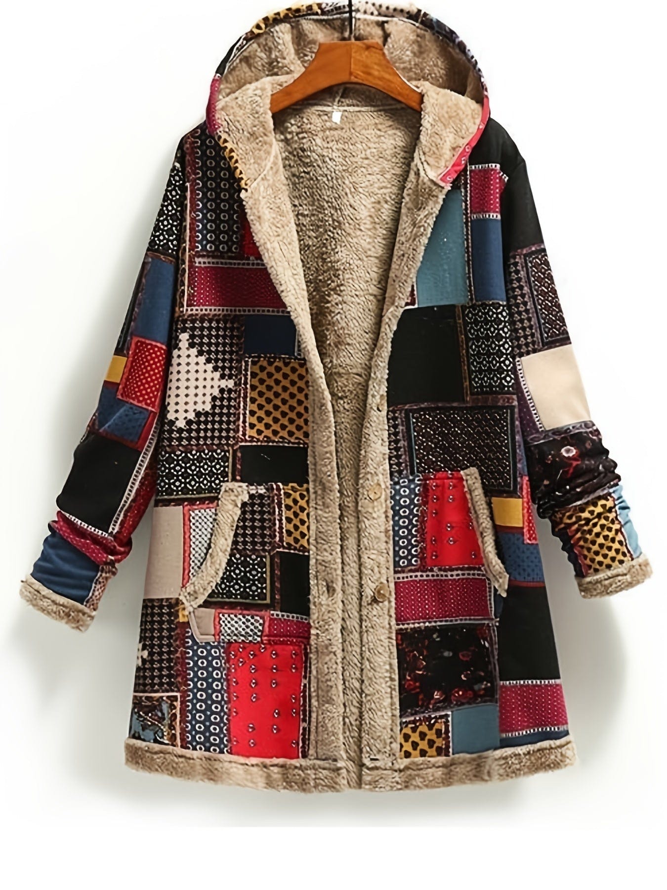 MsDressly Coats Vintage Patchwork Printed Long Sleeve Button-Up Hooded Coat COA231012022REDM(6)