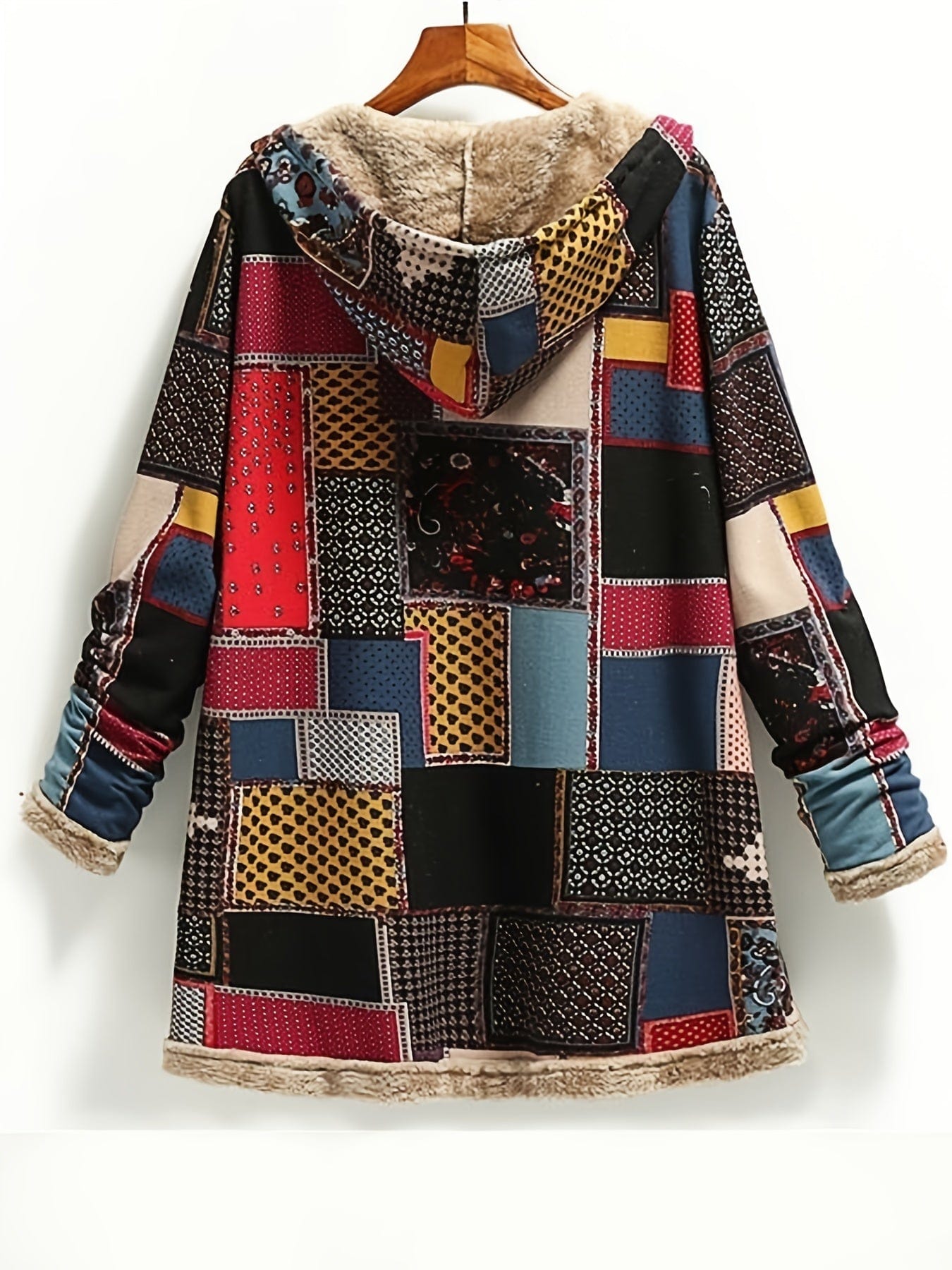 MsDressly Coats Vintage Patchwork Printed Long Sleeve Button-Up Hooded Coat