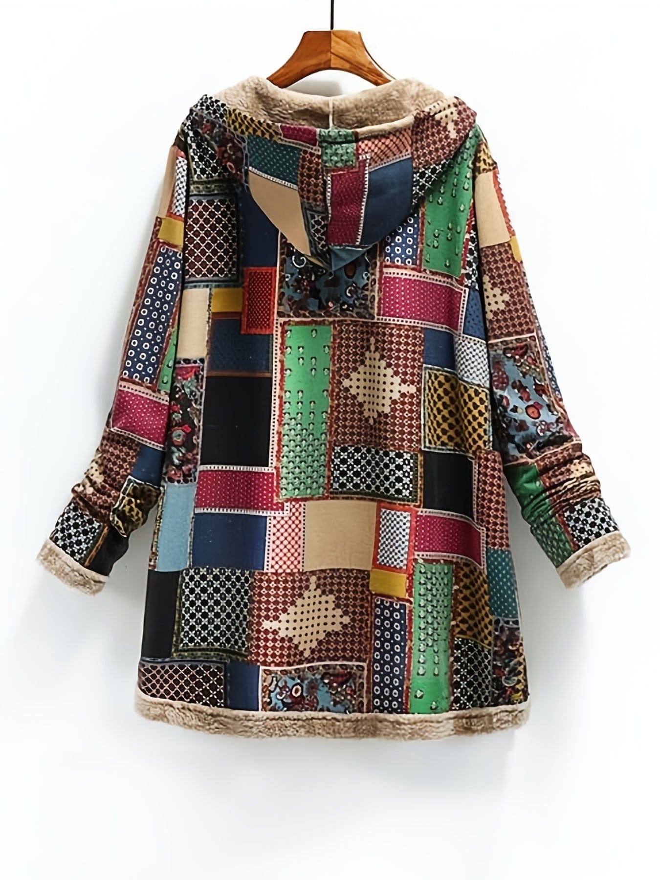 MsDressly Coats Vintage Patchwork Printed Long Sleeve Button-Up Hooded Coat