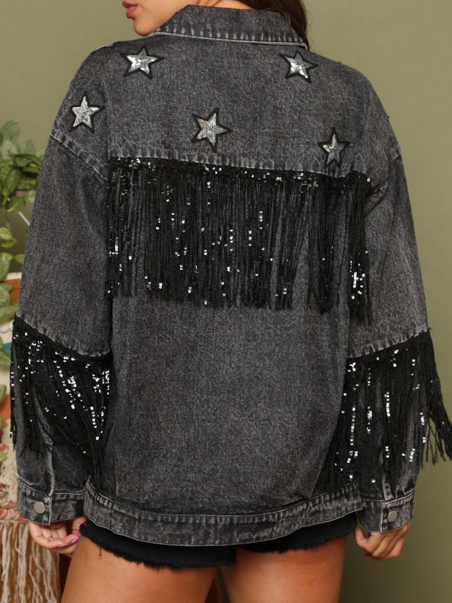 MsDressly Coats Vintage Sequin Tassel Loose Lapel Denim Coat