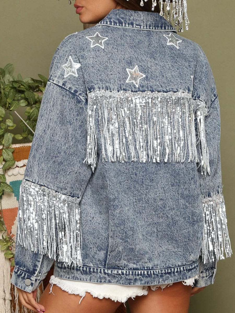 MsDressly Coats Vintage Sequin Tassel Loose Lapel Denim Coat