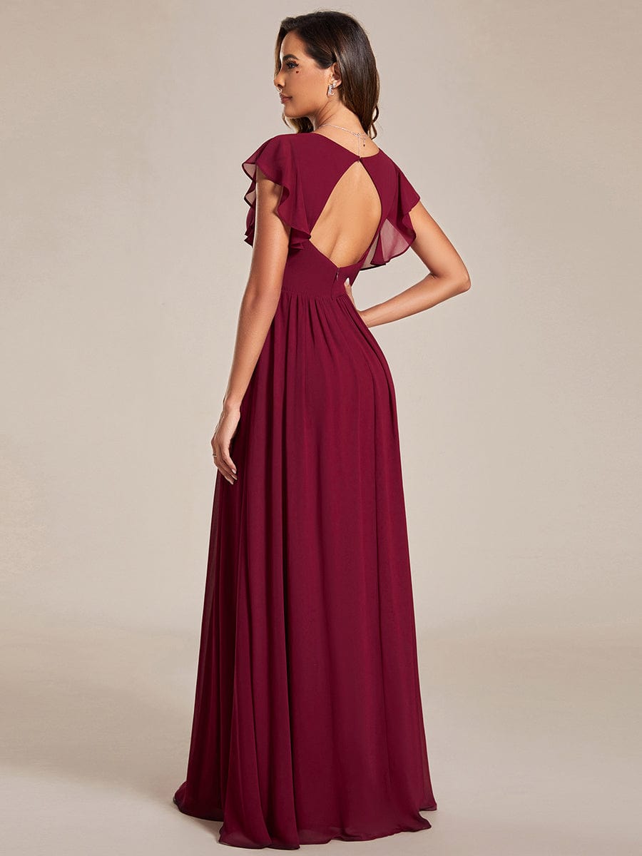 MsDresslyEP Formal Dress Back Cutout A-Line Pleated Ruffles Sleeve Chiffon Bridesmaid Dress