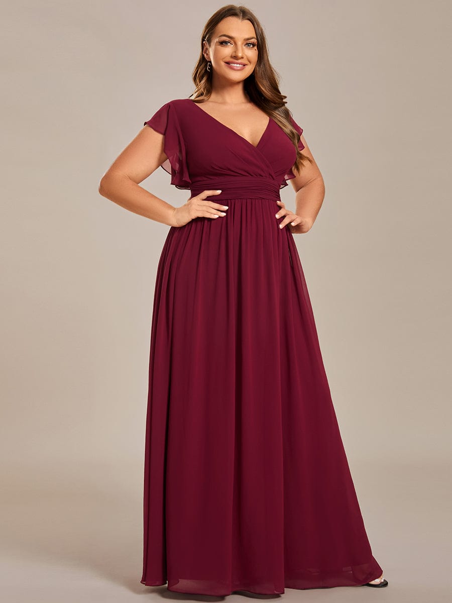 MsDresslyEP Formal Dress Back Cutout A-Line Pleated Ruffles Sleeve Chiffon Bridesmaid Dress