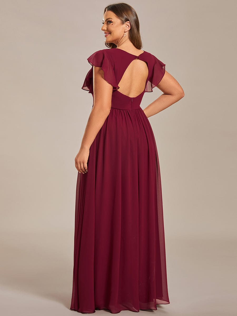 MsDresslyEP Formal Dress Back Cutout A-Line Pleated Ruffles Sleeve Chiffon Bridesmaid Dress