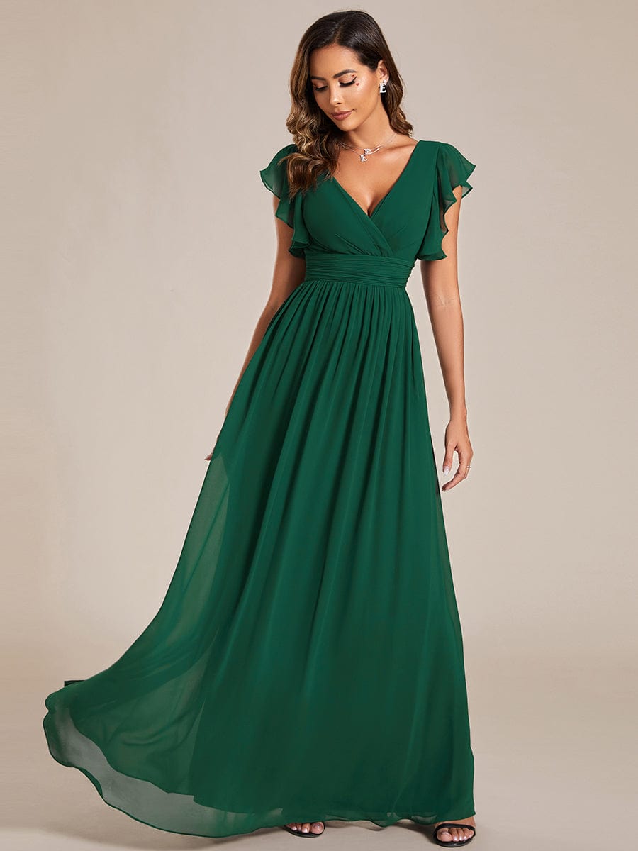 MsDresslyEP Formal Dress Back Cutout A-Line Pleated Ruffles Sleeve Chiffon Bridesmaid Dress