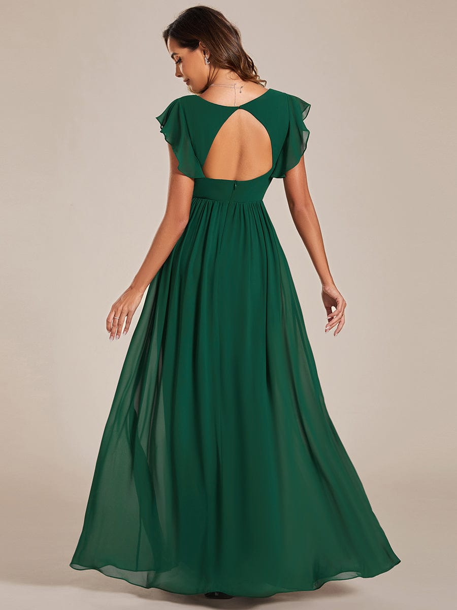 MsDresslyEP Formal Dress Back Cutout A-Line Pleated Ruffles Sleeve Chiffon Bridesmaid Dress