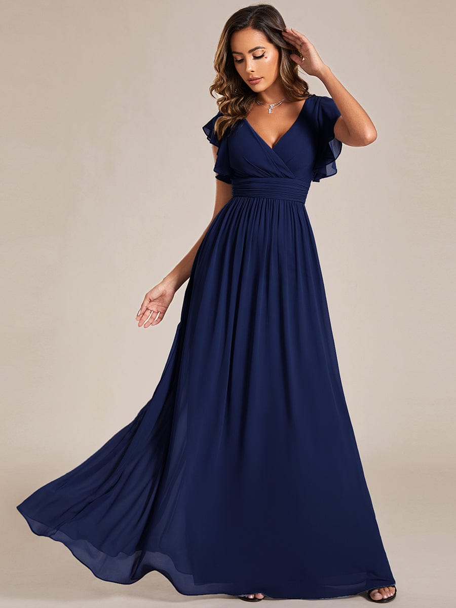 MsDresslyEP Formal Dress Back Cutout A-Line Pleated Ruffles Sleeve Chiffon Bridesmaid Dress