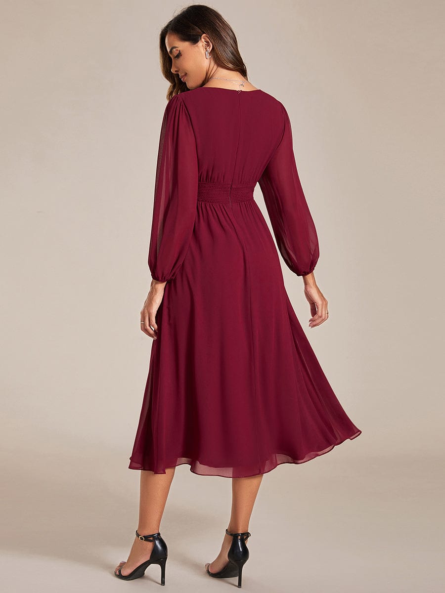 MsDresslyEP Formal Dress Chiffon V-Neck Long Sleeves Elastic Band Midi Wedding Guest Dress