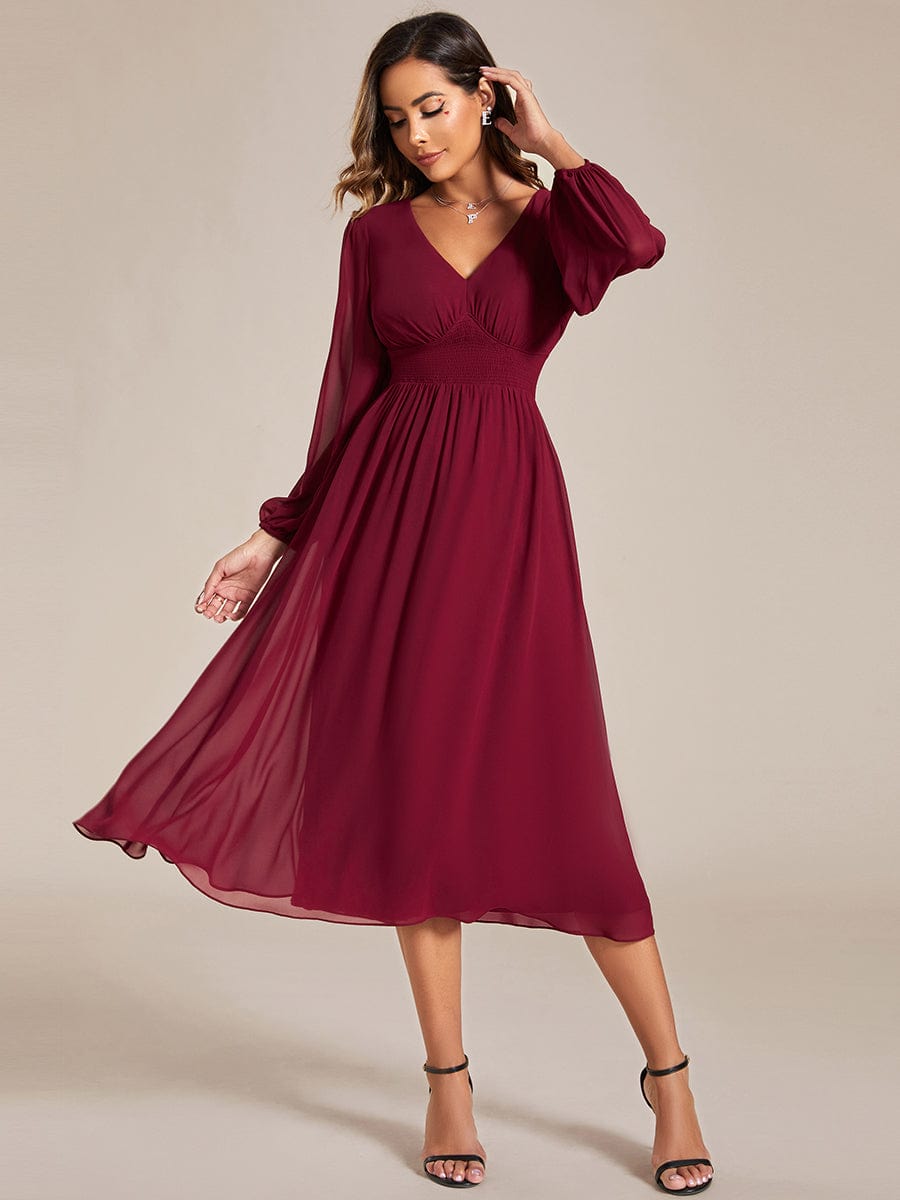 MsDresslyEP Formal Dress Chiffon V-Neck Long Sleeves Elastic Band Midi Wedding Guest Dress