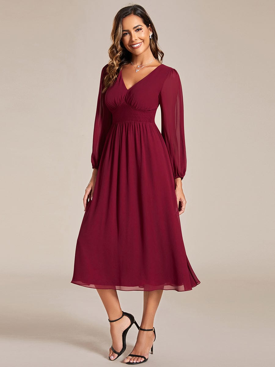 MsDresslyEP Formal Dress Chiffon V-Neck Long Sleeves Elastic Band Midi Wedding Guest Dress