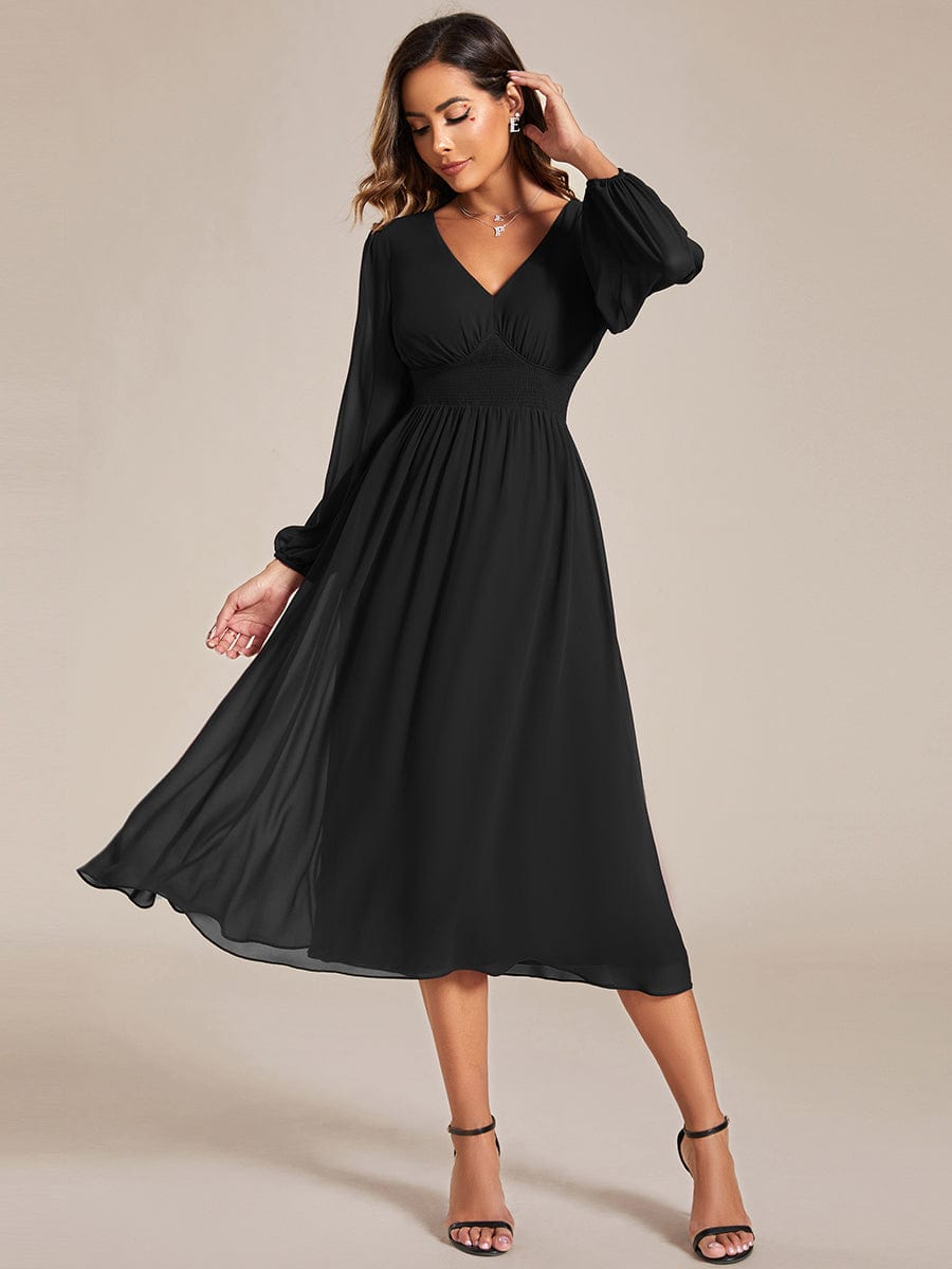 MsDresslyEP Formal Dress Chiffon V-Neck Long Sleeves Elastic Band Midi Wedding Guest Dress