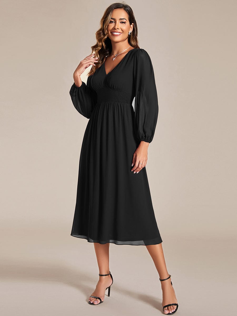 MsDresslyEP Formal Dress Chiffon V-Neck Long Sleeves Elastic Band Midi Wedding Guest Dress