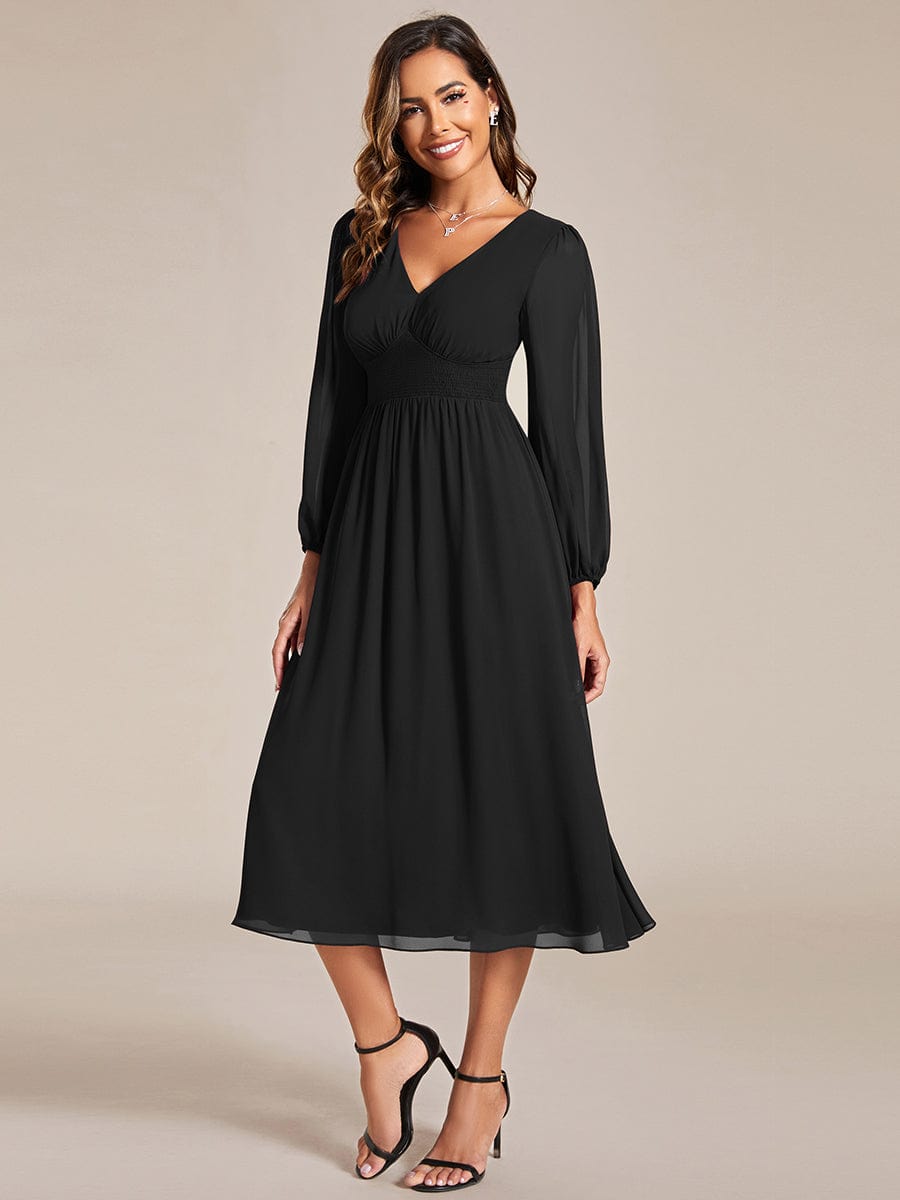 MsDresslyEP Formal Dress Chiffon V-Neck Long Sleeves Elastic Band Midi Wedding Guest Dress DRE2310040018BLA4