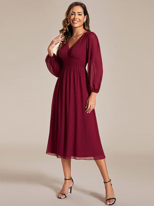 MsDresslyEP Formal Dress Chiffon V-Neck Long Sleeves Elastic Band Midi Wedding Guest Dress DRE2310040018DRD4