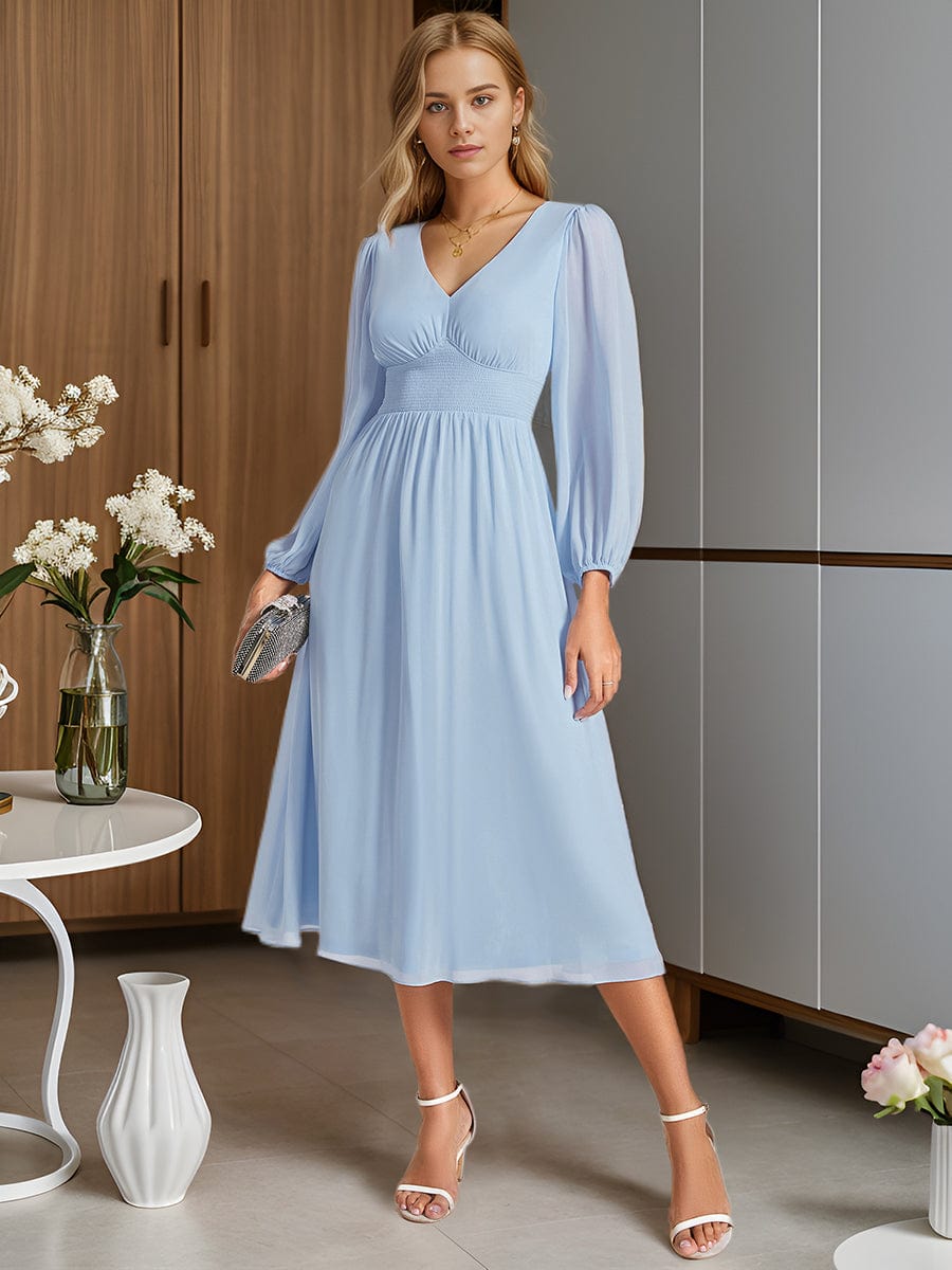 MsDresslyEP Formal Dress Chiffon V-Neck Long Sleeves Elastic Band Midi Wedding Guest Dress DRE2310040018SBL4