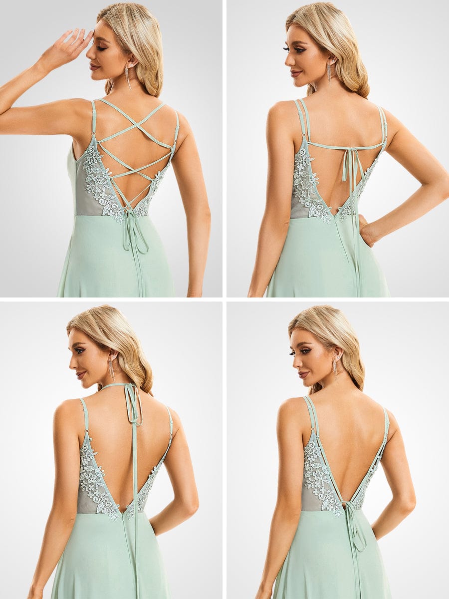 MsDresslyEP Formal Dress Convertible Chiffon Lace Open Back Spaghetti Straps Bridesmaid Dress