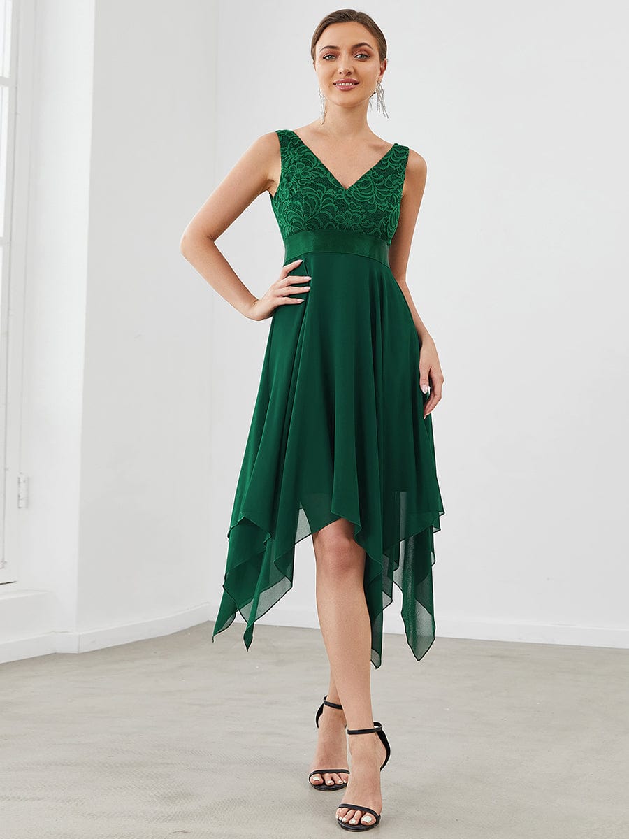 MsDresslyEP Formal Dress Deep V-Neck Lace Chiffon Bridesmaid Dress with Asymmetrical Hem DRE2310040001DGN4