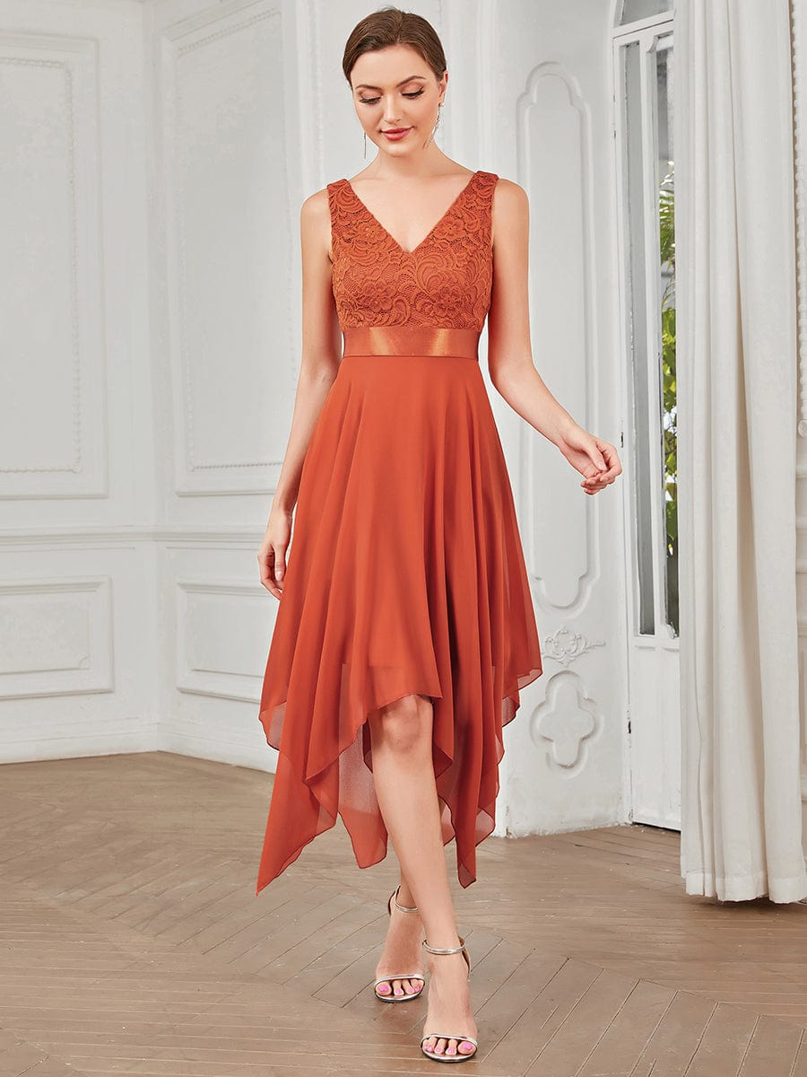 MsDresslyEP Formal Dress Deep V-Neck Lace Chiffon Bridesmaid Dress with Asymmetrical Hem DRE2310040001ORA4