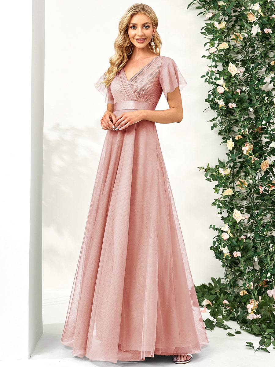 MsDresslyEP Formal Dress Double V-Neck Floor-Length Short Sleeve Tulle Bridesmaid Dresses