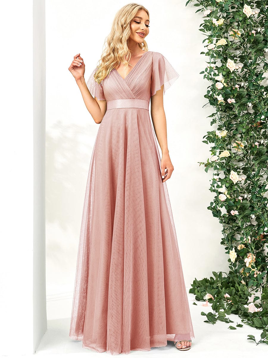 MsDresslyEP Formal Dress Double V-Neck Floor-Length Short Sleeve Tulle Bridesmaid Dresses