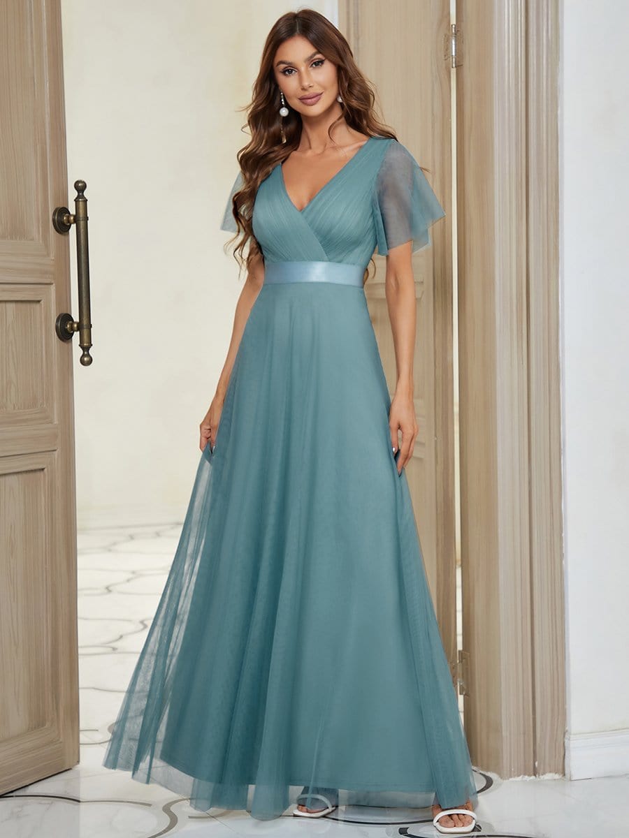 MsDresslyEP Formal Dress Double V-Neck Floor-Length Short Sleeve Tulle Bridesmaid Dresses