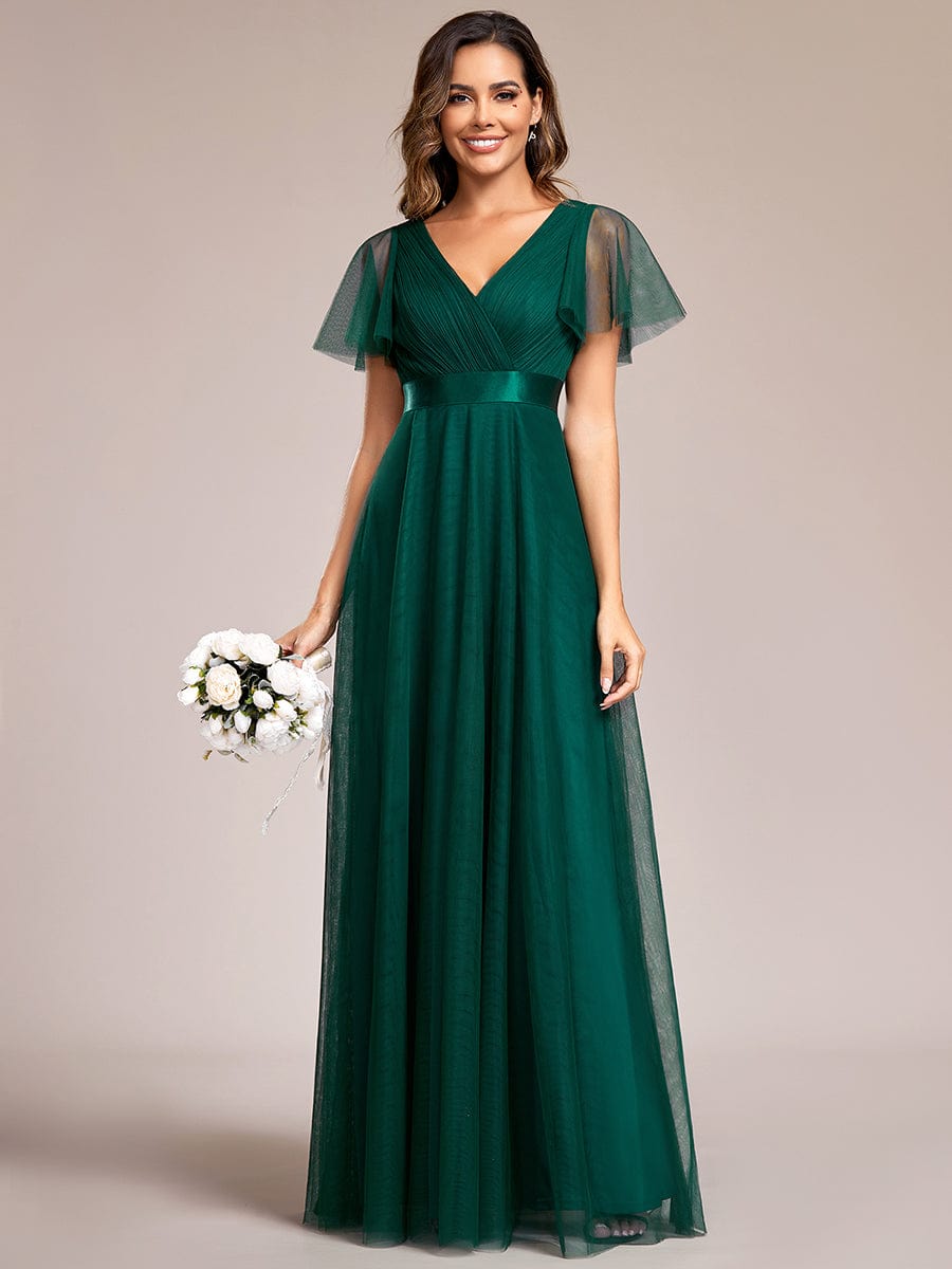 MsDresslyEP Formal Dress Double V-Neck Floor-Length Short Sleeve Tulle Bridesmaid Dresses