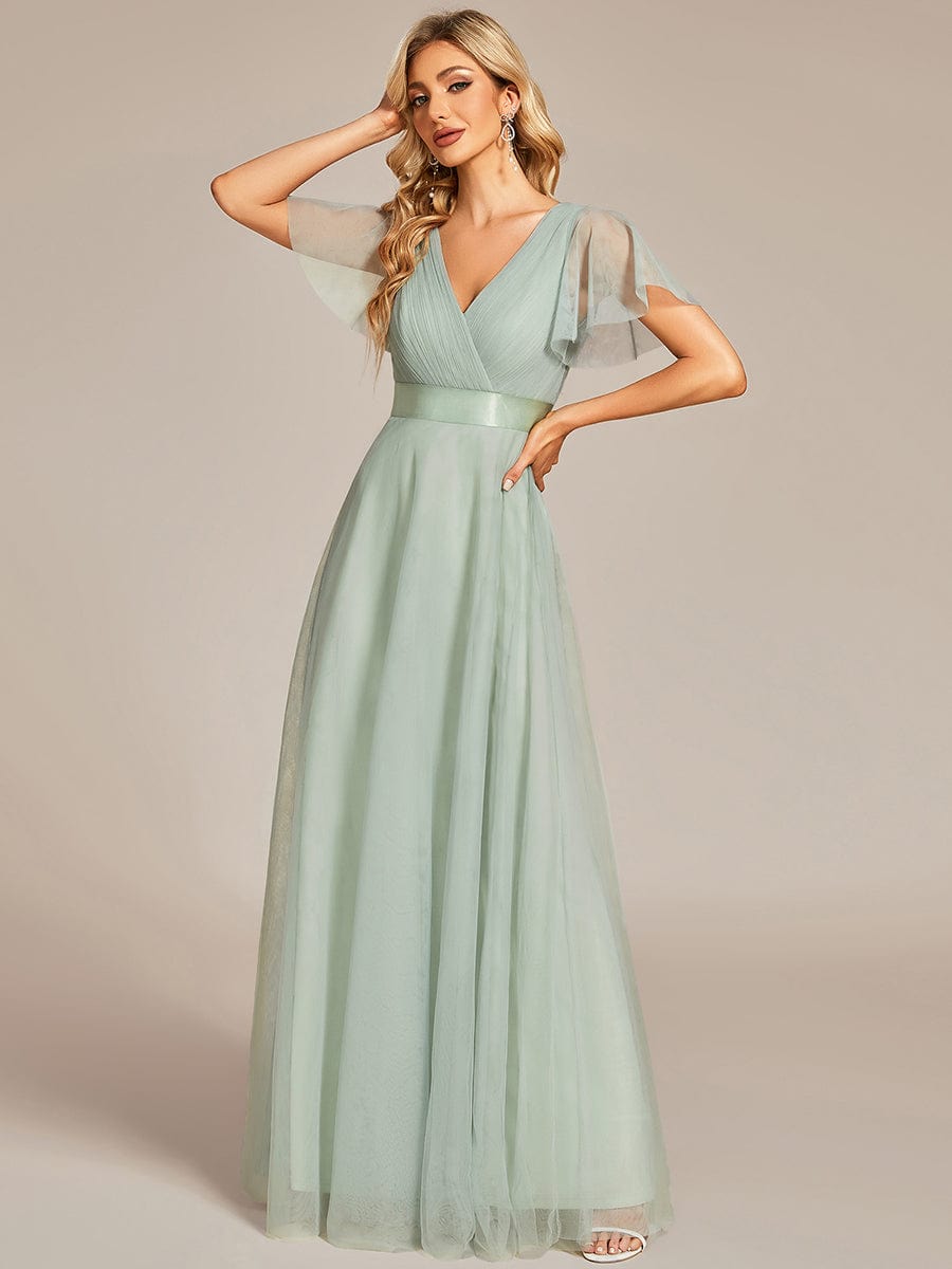 MsDresslyEP Formal Dress Double V-Neck Floor-Length Short Sleeve Tulle Bridesmaid Dresses